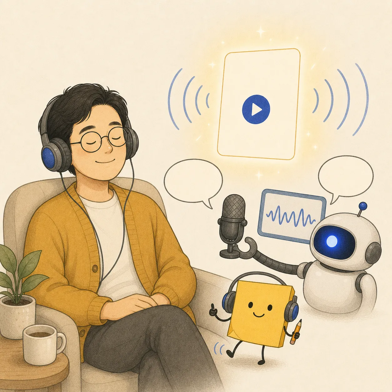 헤드폰으로 글을 팟캐스트처럼 듣는 모습