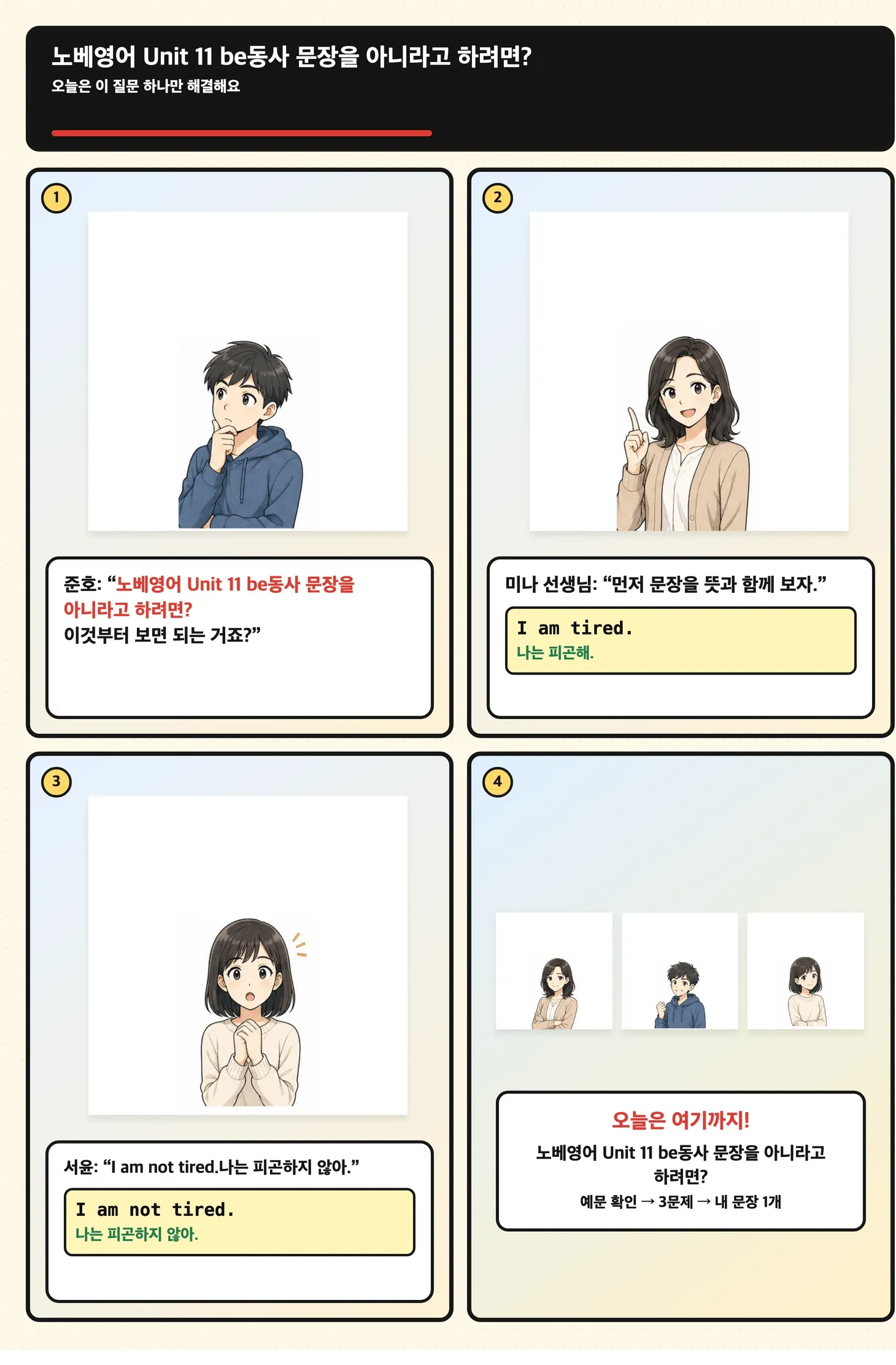 be동사 뒤에 not 카드를 놓는 학습만화