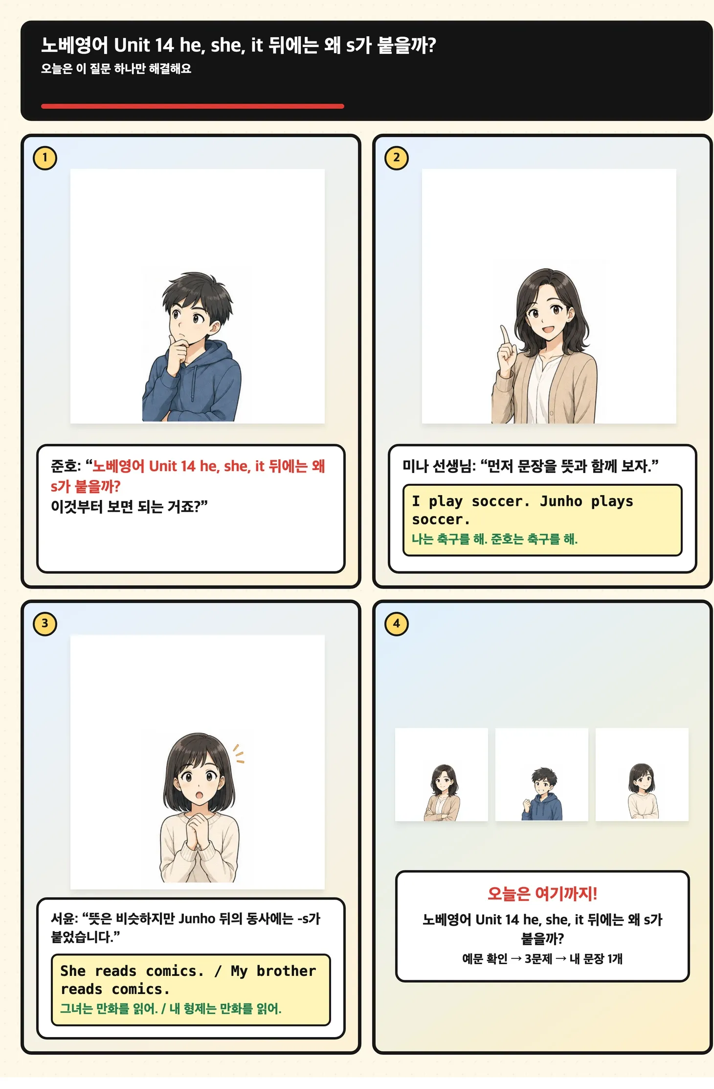한 명 주어가 나타나자 동사에 경보등이 켜지는 학습만화