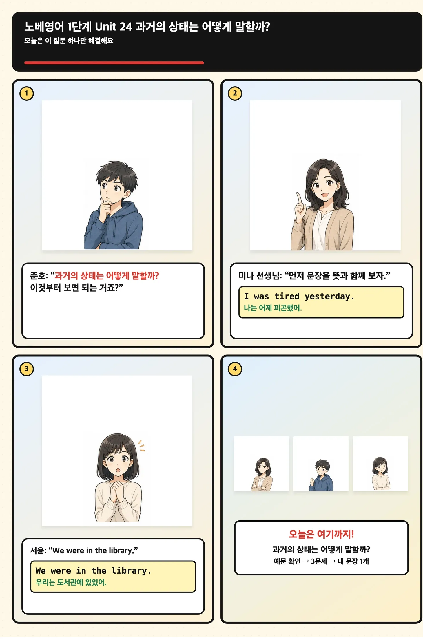 현재 사진과 어제 사진 사이에서 be동사가 바뀌는 학습 만화