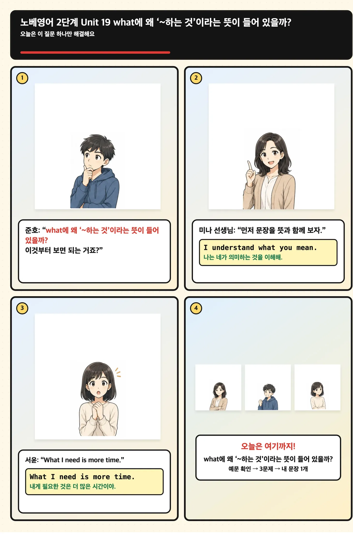 what에 왜 ‘~하는 것’이라는 뜻이 들어 있을까?를 문장 속 자리와 범위로 확인하는 4컷 학습 만화