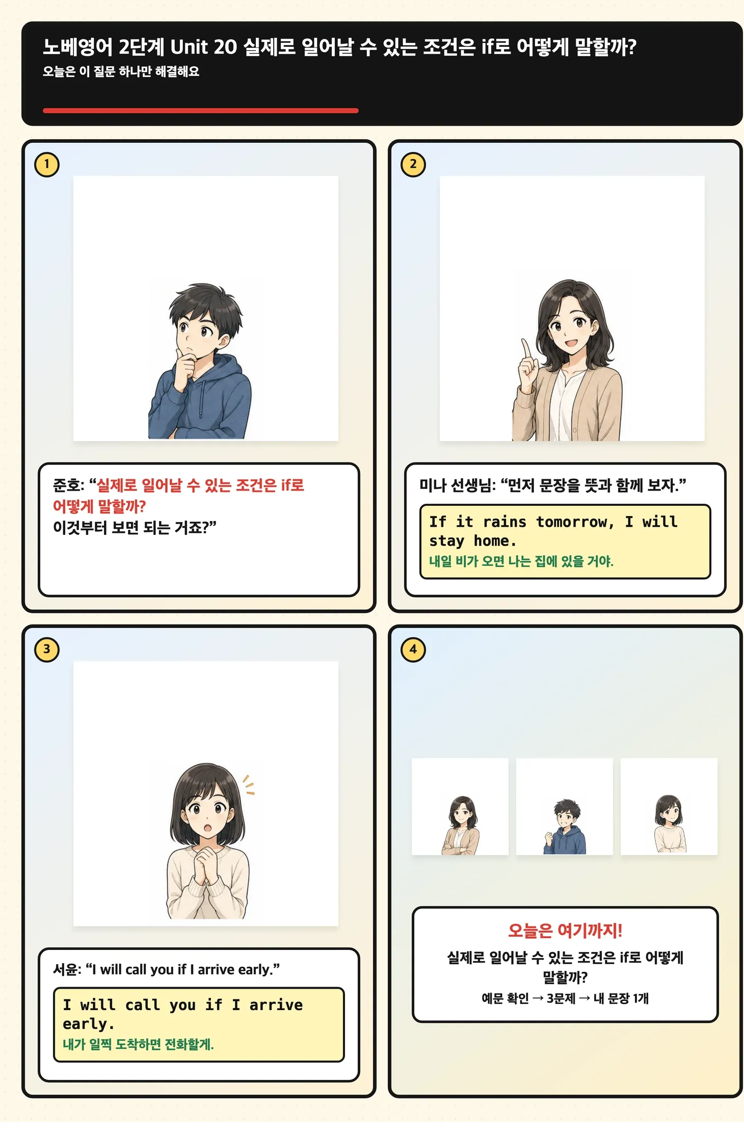 실제로 일어날 수 있는 조건은 if로 어떻게 말할까?를 문장 속 자리와 범위로 확인하는 4컷 학습 만화